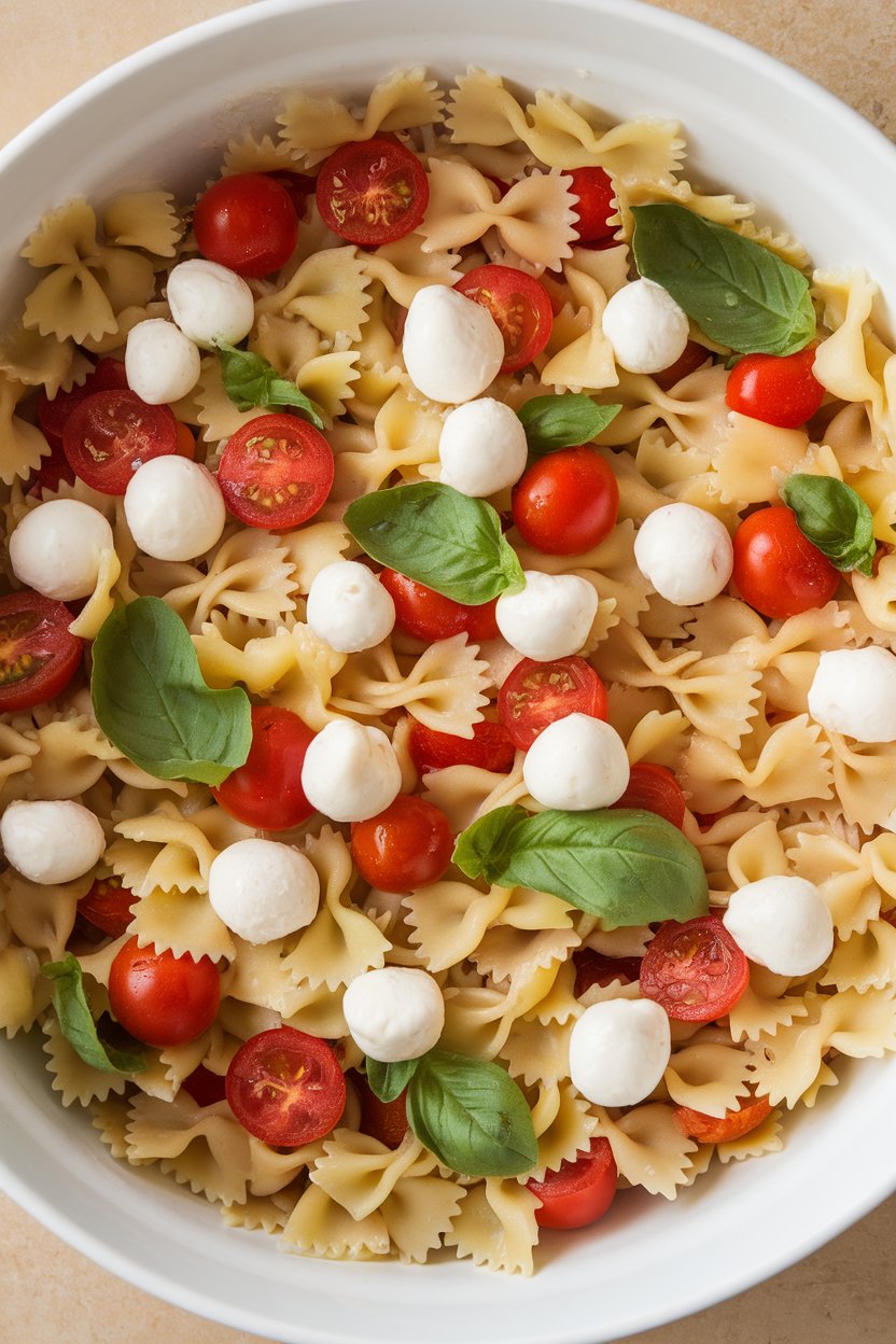 Indoor overhead photo of farfalle pasta mixed with cherry tomatoes, mozzarella pearls, and fresh basil leaves. No text or logos.