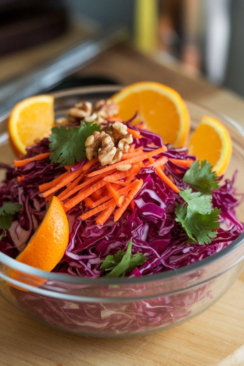 Photo of thin-shredded red cabbage, grated carrot, and cilantro tossed in apple cider vinaigrette in a clear bowl indoors, no text or logos.