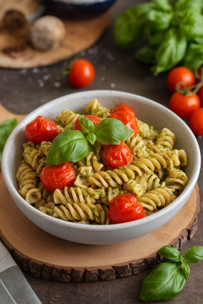 Indoor pasta bowl of whole-wheat fusilli coated in basil pesto with burst cherry tomatoes. No text or logos; photo.