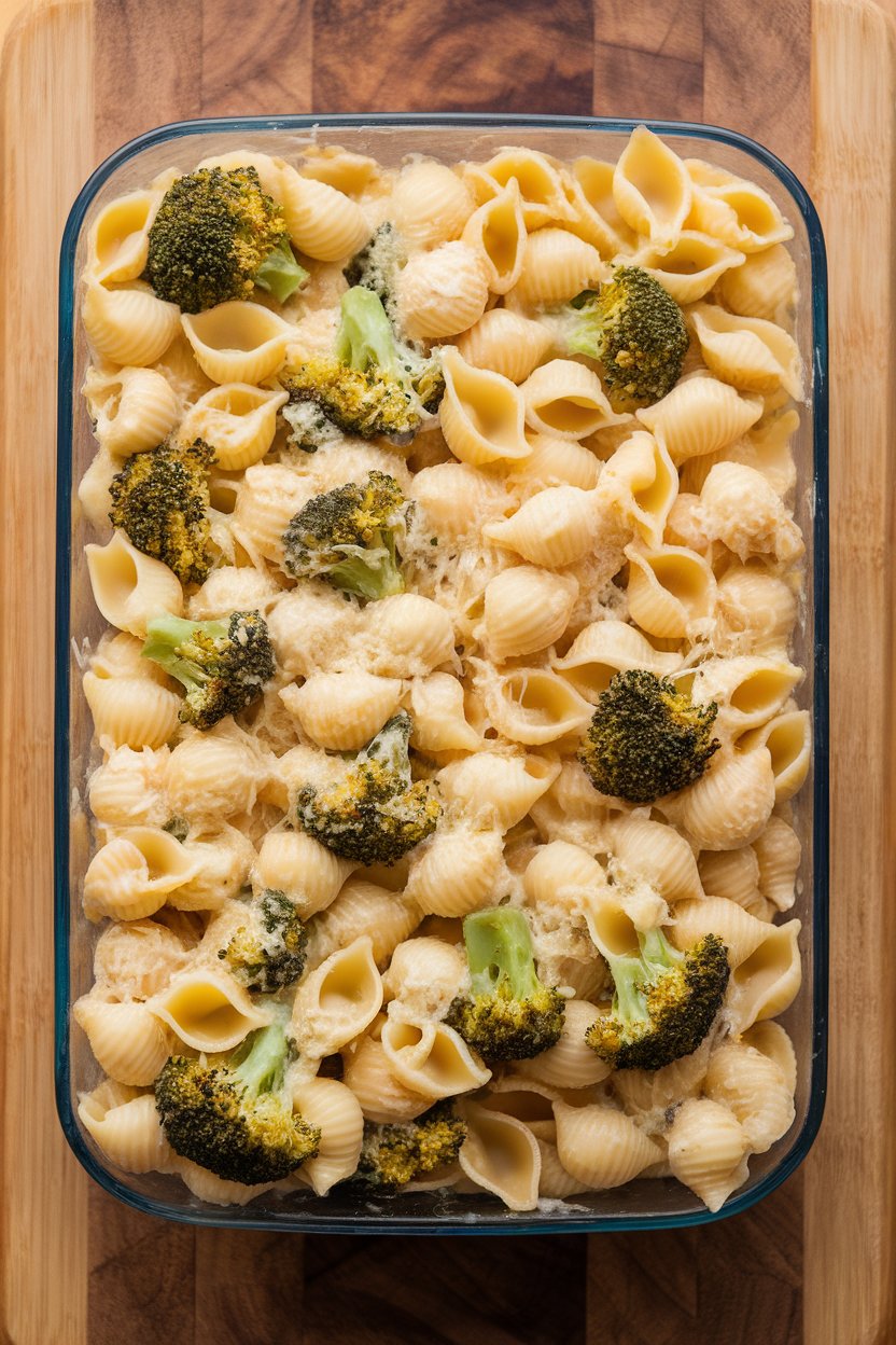 Indoor casserole of small pasta shells coated in light white cheddar sauce with broccoli florets visible throughout. No text or logos.