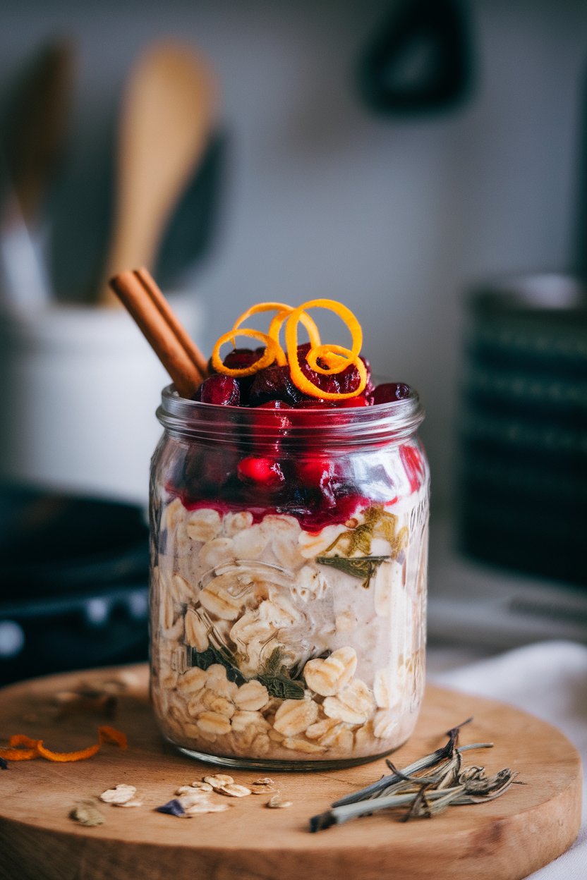 Indoor photo of a glass jar layered with creamy oats, bright cranberry compote, and orange zest curls on top. No text or logos.