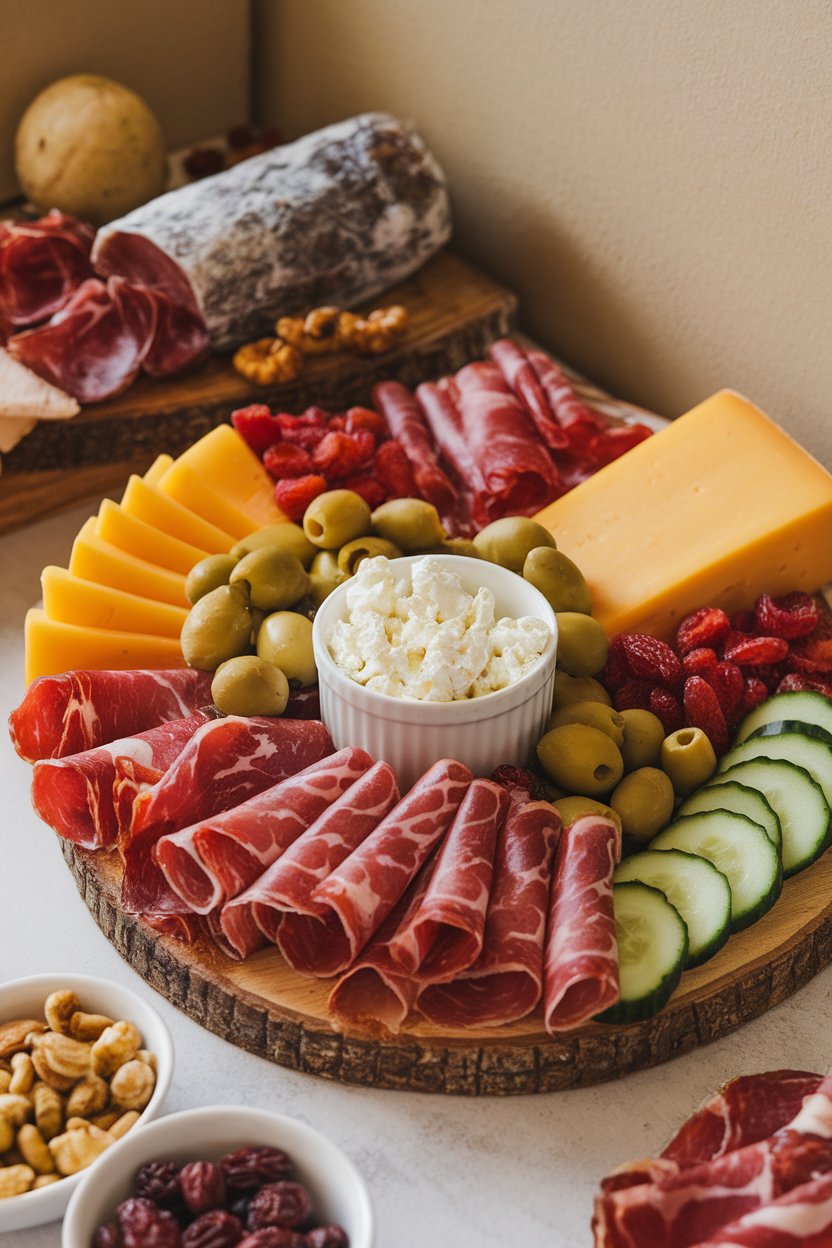 Indoor charcuterie board featuring crumbled feta in a small ramekin beside olives and cucumber slices. No logos or text. Photo only.