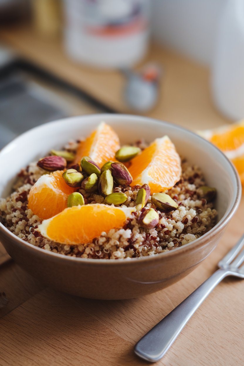 Photo of quinoa in a breakfast bowl topped with orange segments, pistachios, and a drizzle of honey indoors; no text or logos visible.