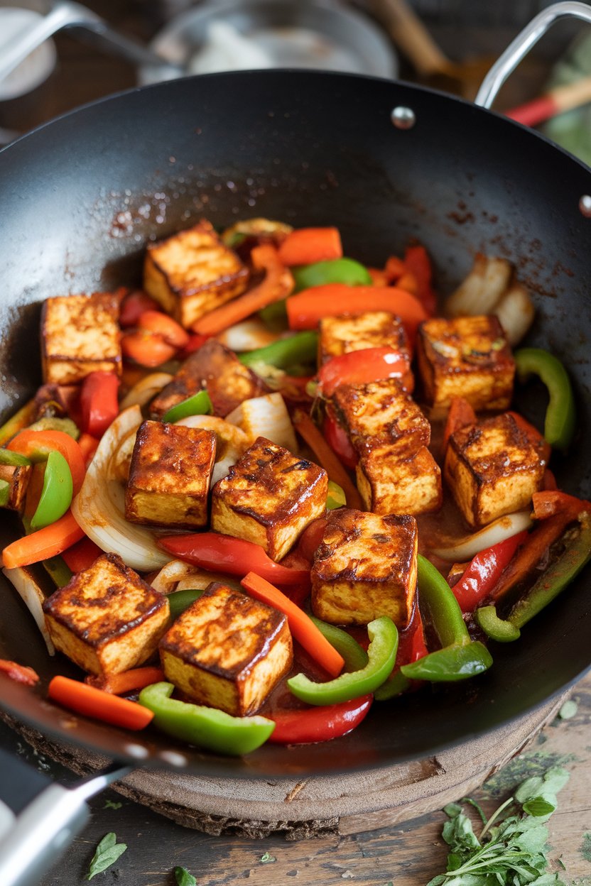 Indoor wok shot of tofu cubes and colorful vegetables coated in glossy sweet chili sauce. No branding or text.