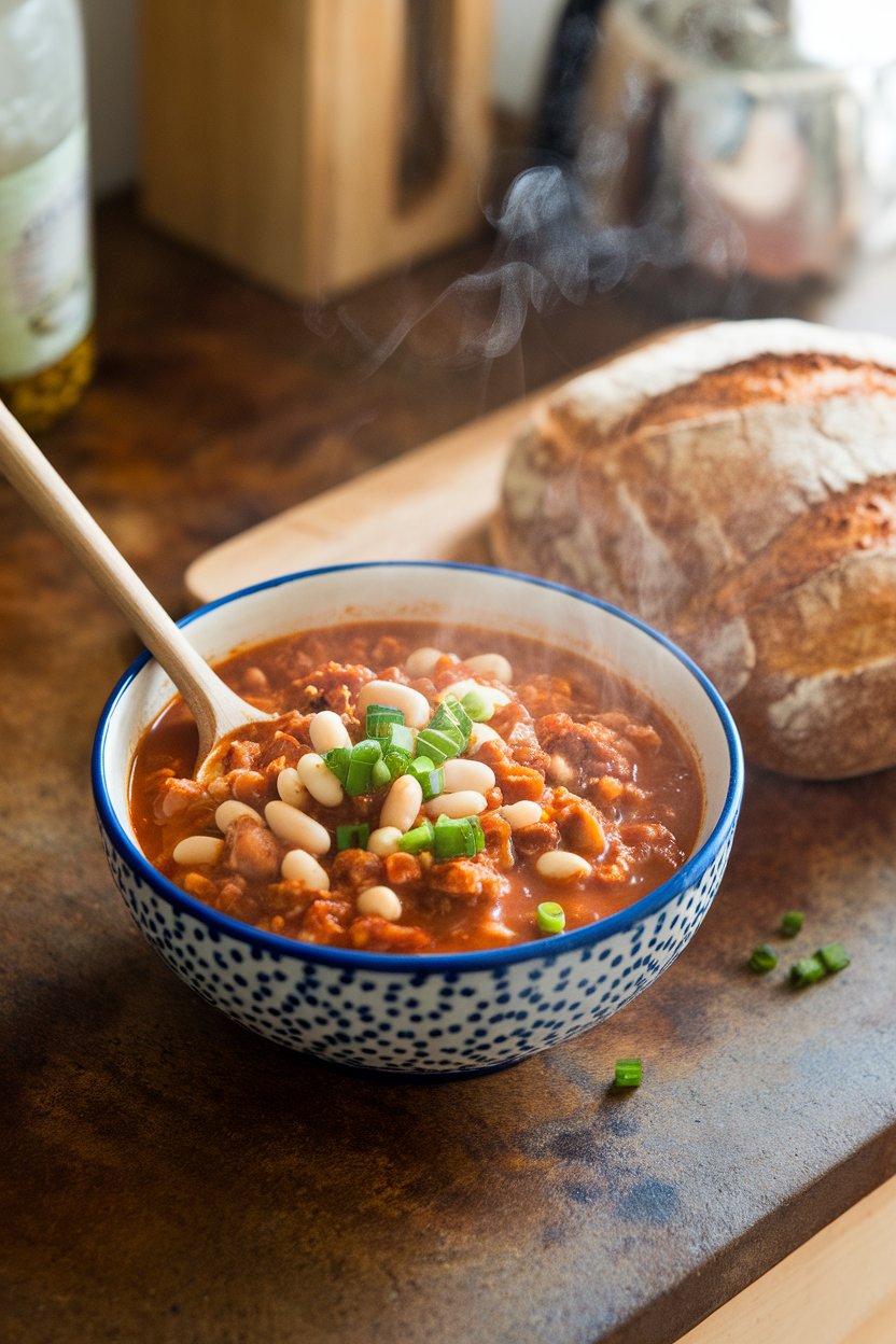 A rustic indoor countertop with a steaming bowl of turkey chili dotted with white beans and garnished with chopped scallions; no text or logos; photo.