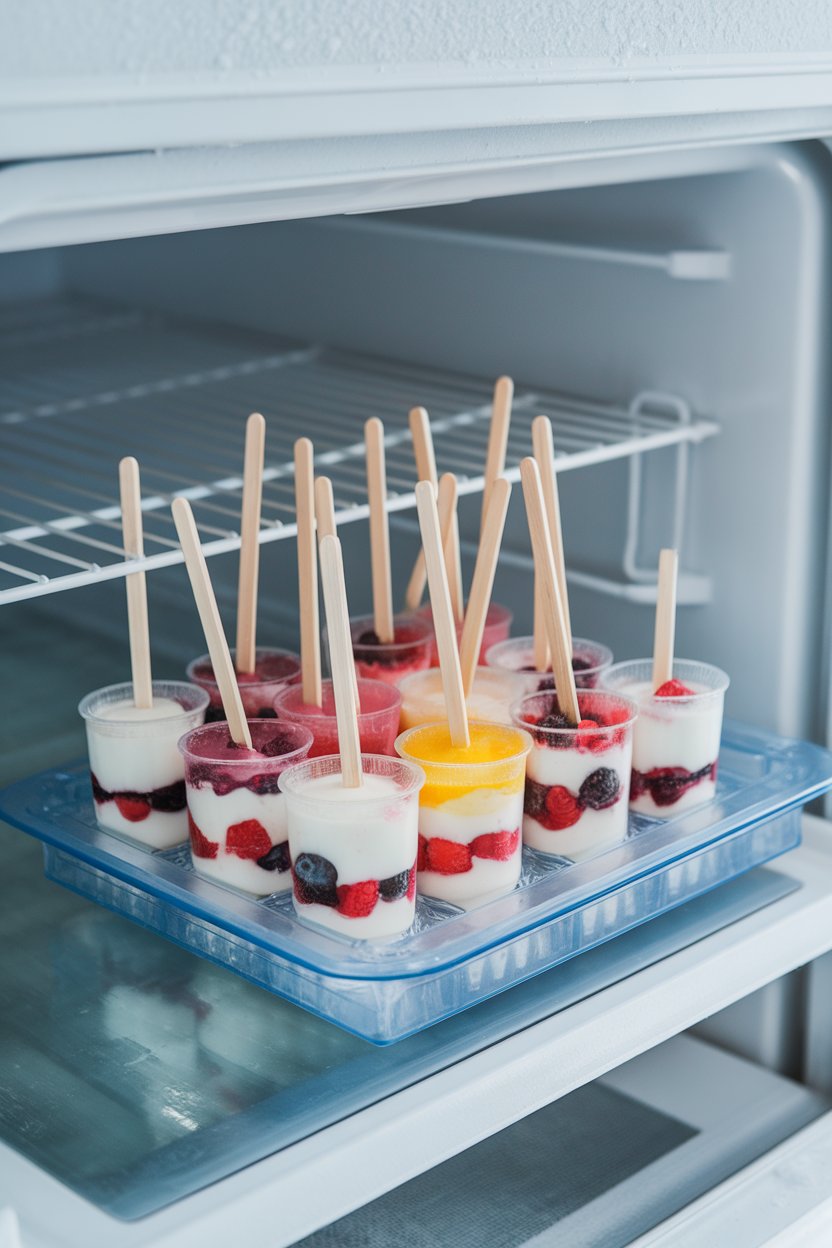 An indoor freezer-open view showing colorful yogurt pops on a tray, layers of berries and yogurt visible through clear molds. No text or logos. Photo.