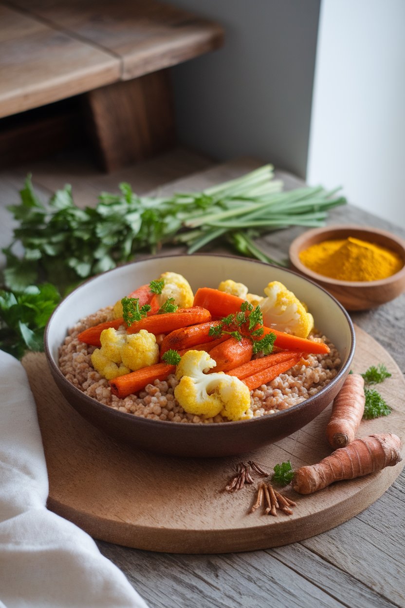 Indoor scene showing a bowl of golden turmeric-roasted carrots and cauliflower over fluffy millet with parsley. No text or logos.
