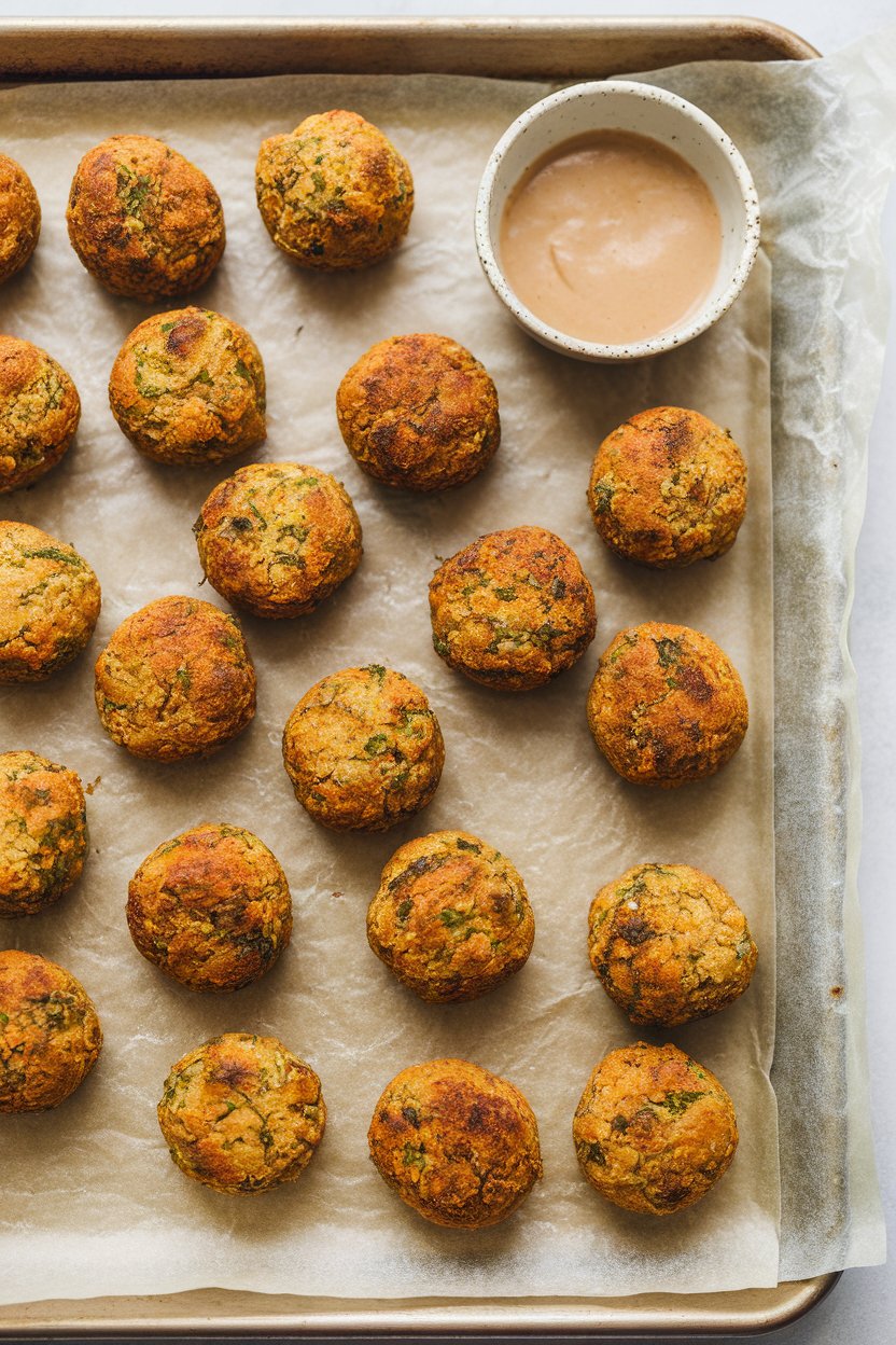 Indoor baking tray lined with parchment showing bite-size baked falafel balls, golden brown, with a side of tahini sauce. No text or logos.