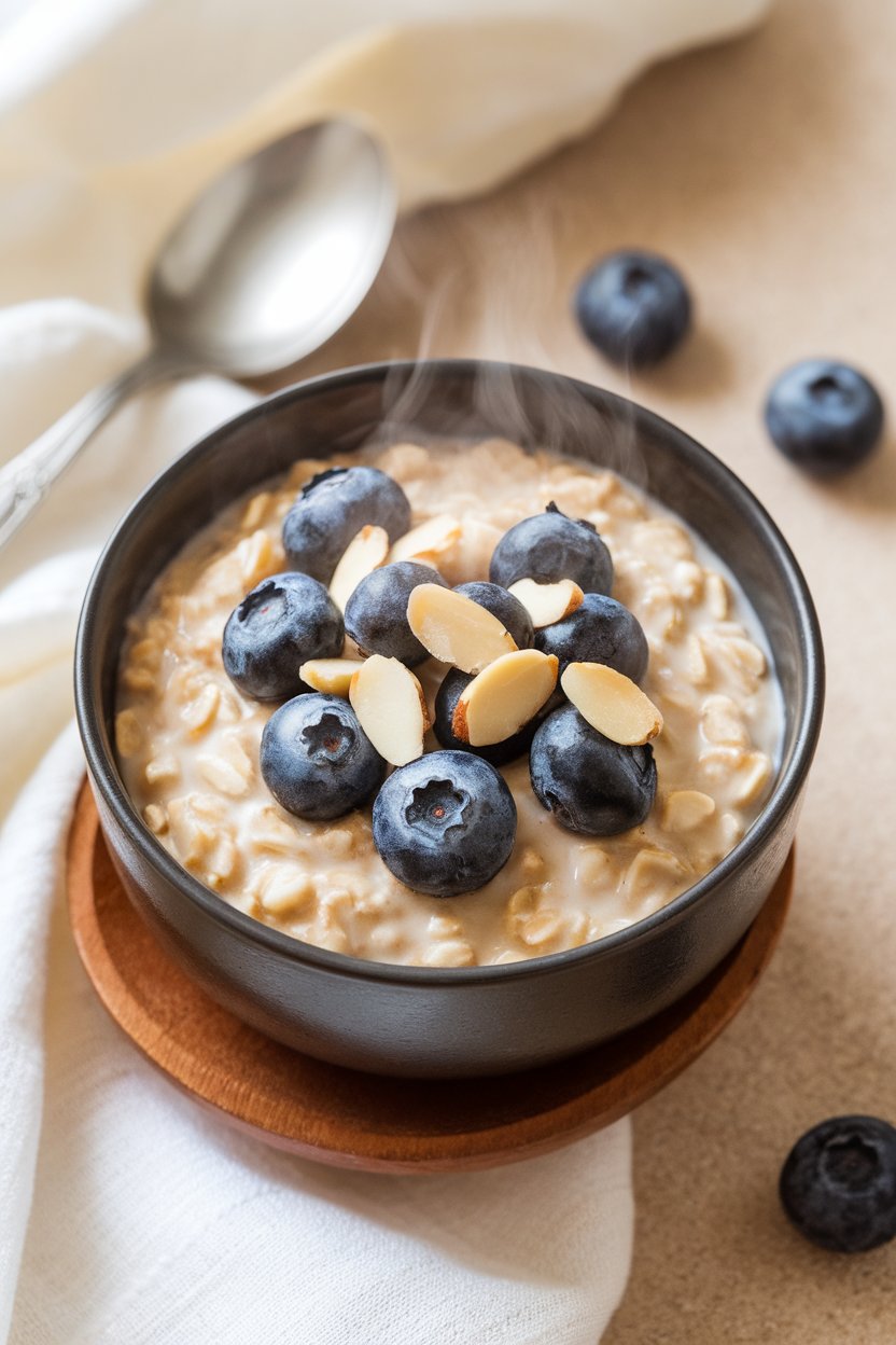 Indoor breakfast scene of a steaming bowl of steel-cut oats topped with sliced almonds and blueberries, no text or logos.