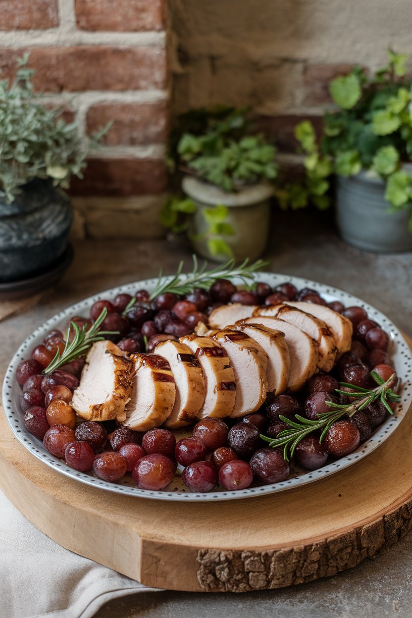Indoor platter of sliced balsamic chicken breasts accompanied by blistered grapes and rosemary sprigs. No text or logos; photo.