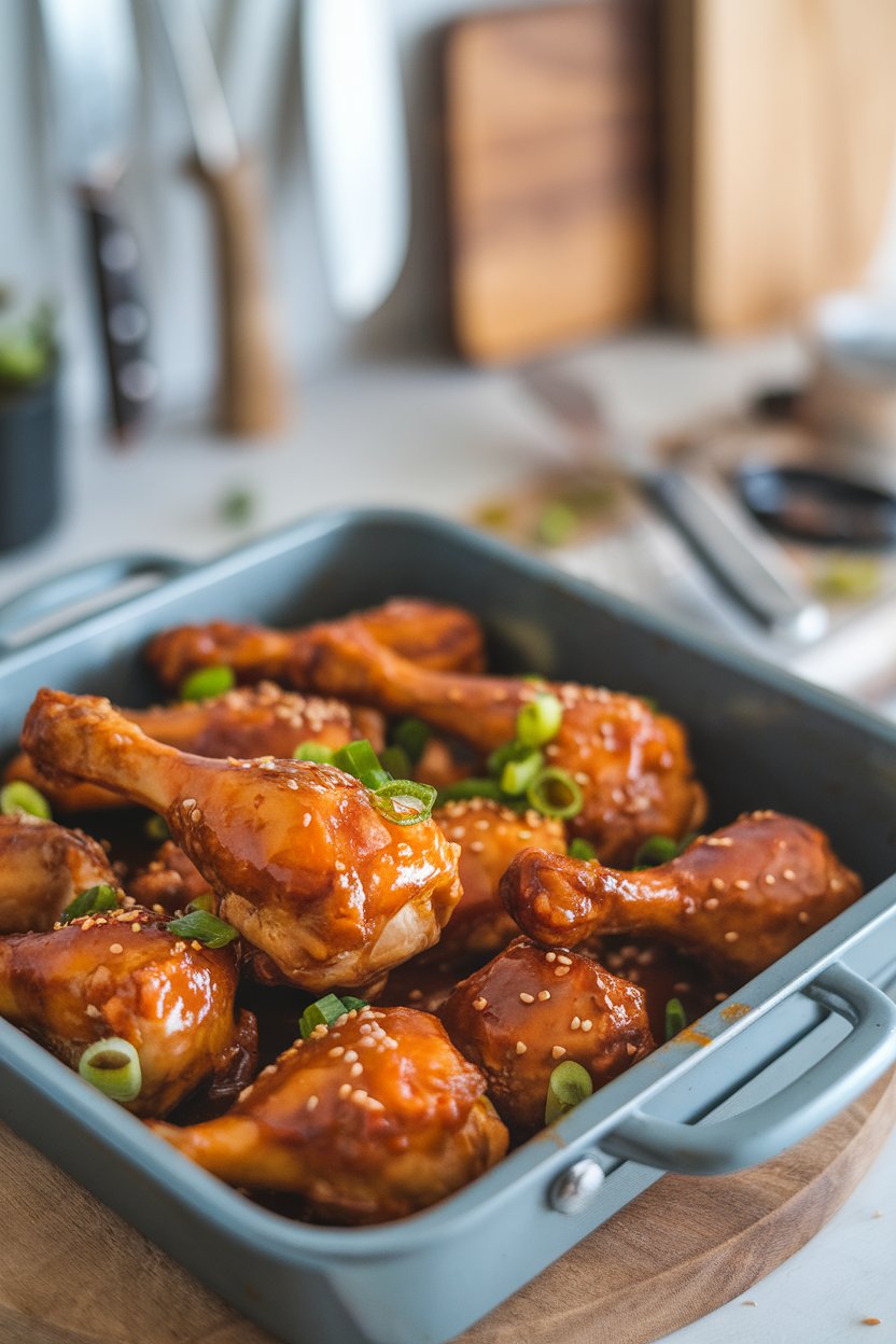 An indoor baking dish filled with glazed chicken drumsticks, golden and sticky, garnished with sesame seeds. No logos. Photo.