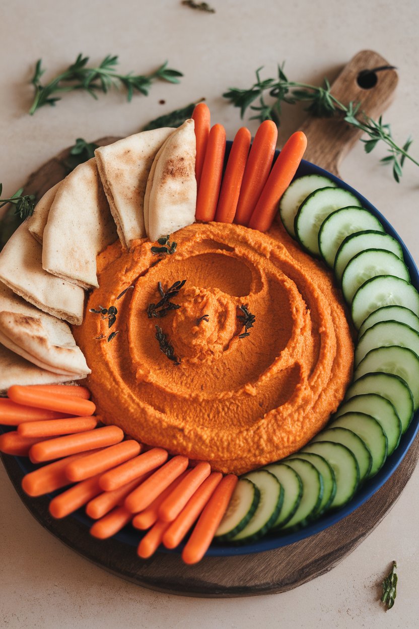 Indoor platter of smooth red pepper hummus surrounded by carrot sticks, cucumber rounds, and pita wedges. No text or logos. Photo only.