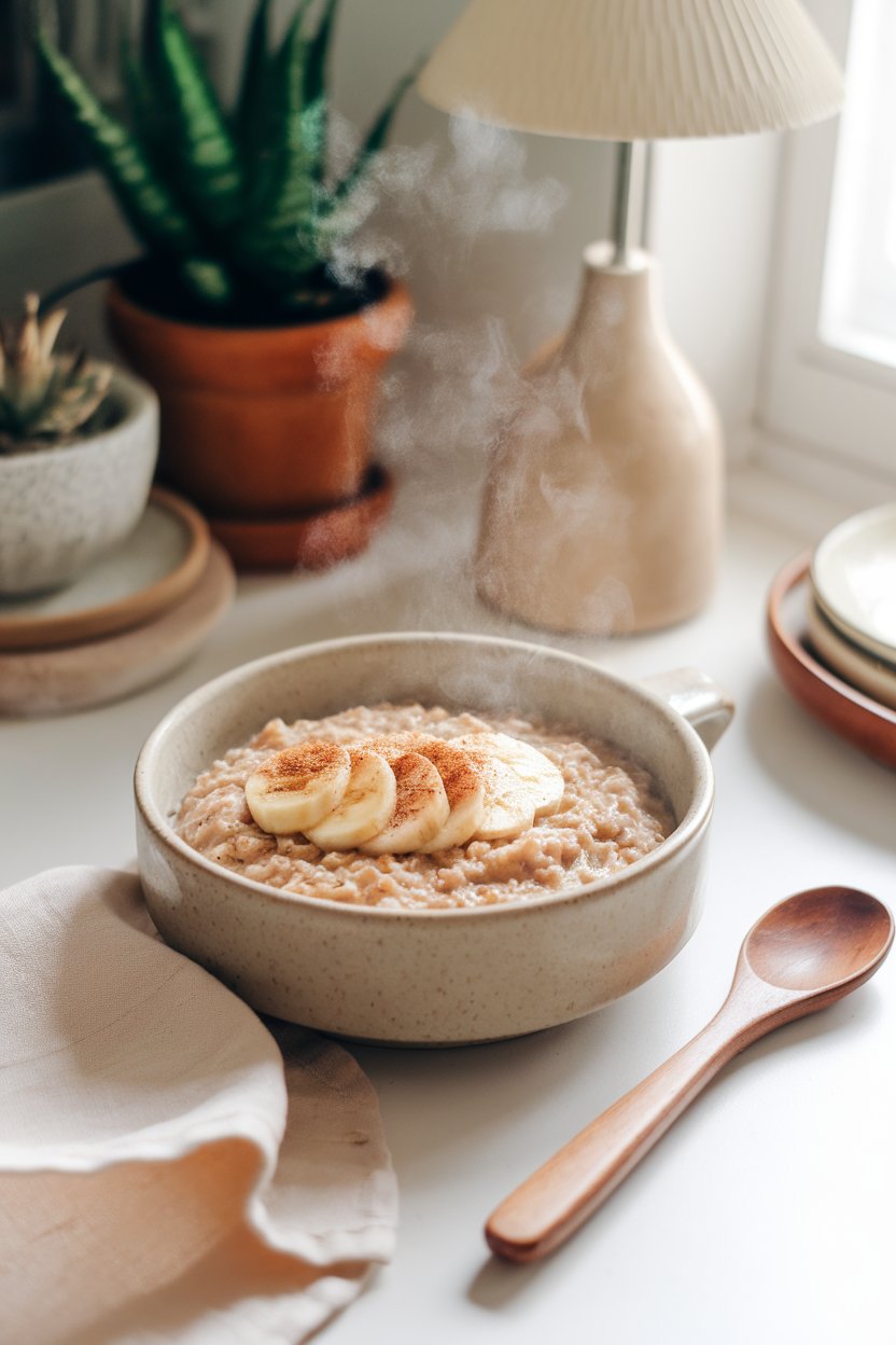 Indoor breakfast nook with a warm bowl of steaming steel-cut oatmeal topped with sliced bananas and a sprinkle of cinnamon. Neutral ceramic dishware, no text or logos in the scene. Photo, not an illustration.