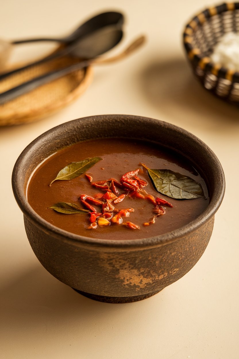 A rustic indoor bowl of dark brown horse gram soup with a tempering of red chilies and curry leaves floating on top. No text or logos. Photo, not illustration.