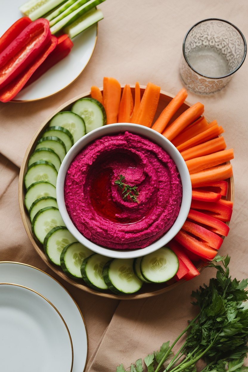Indoor table featuring a vivid magenta beet hummus bowl surrounded by sliced cucumber, carrots, and bell pepper strips. No logos or text; photo.
