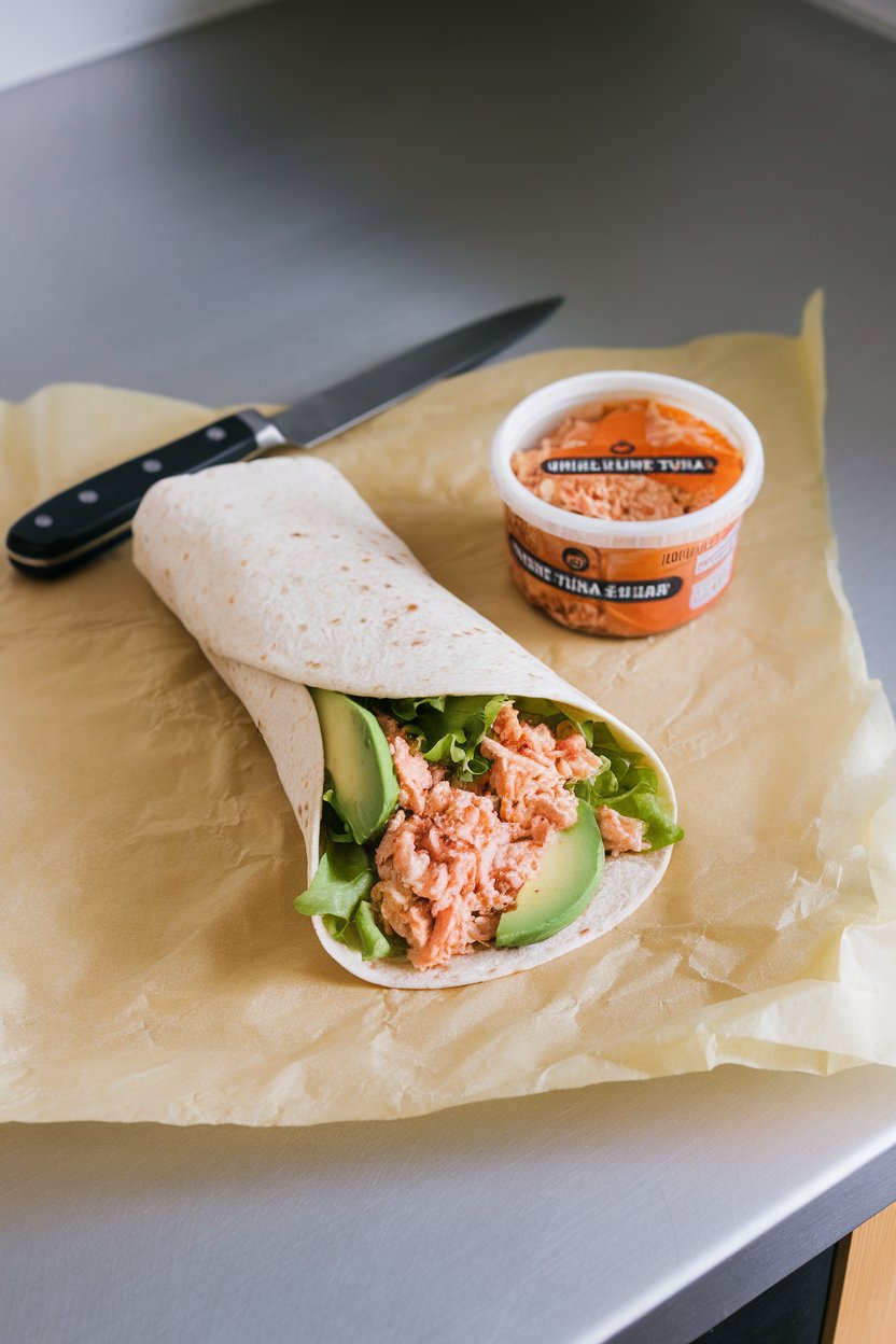 Indoor countertop with a wrap packed with chili-lime tuna salad, lettuce, and avocado slices in a spinach tortilla. No branding.