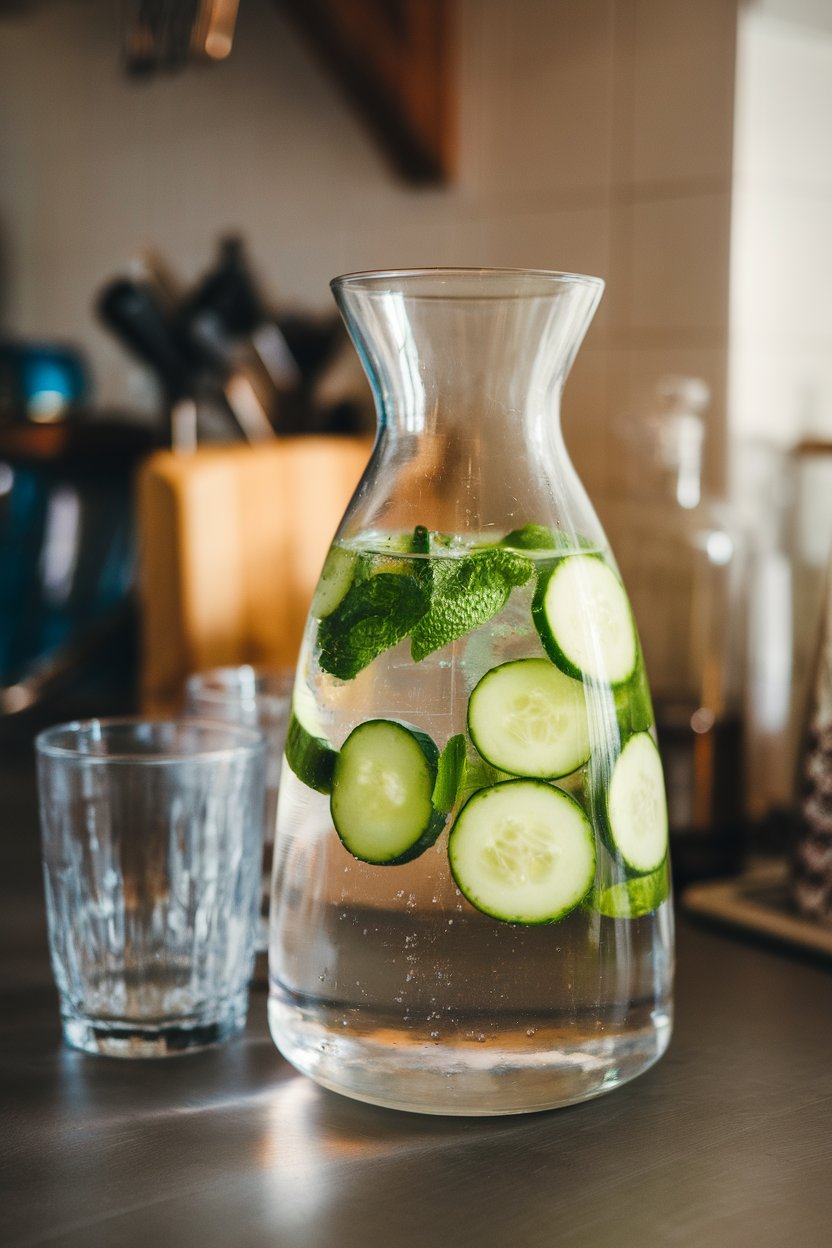Photo — A clear carafe of water with floating cucumber slices and mint on a kitchen counter; glasses nearby. Indoor setting, no text or logos.