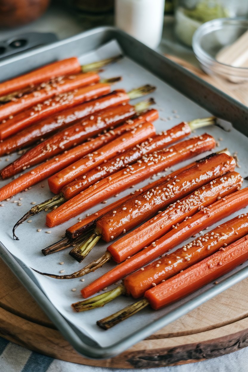 Indoor baking sheet of roasted carrot sticks sprinkled with sesame seeds and glazed with ginger sauce. No text or logos; photo.