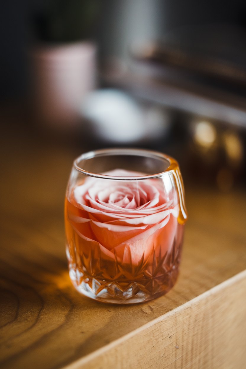 Photo of amber-rose shots, tiny drizzle of honey on rim, indoor bar wood surface; no text or logos.