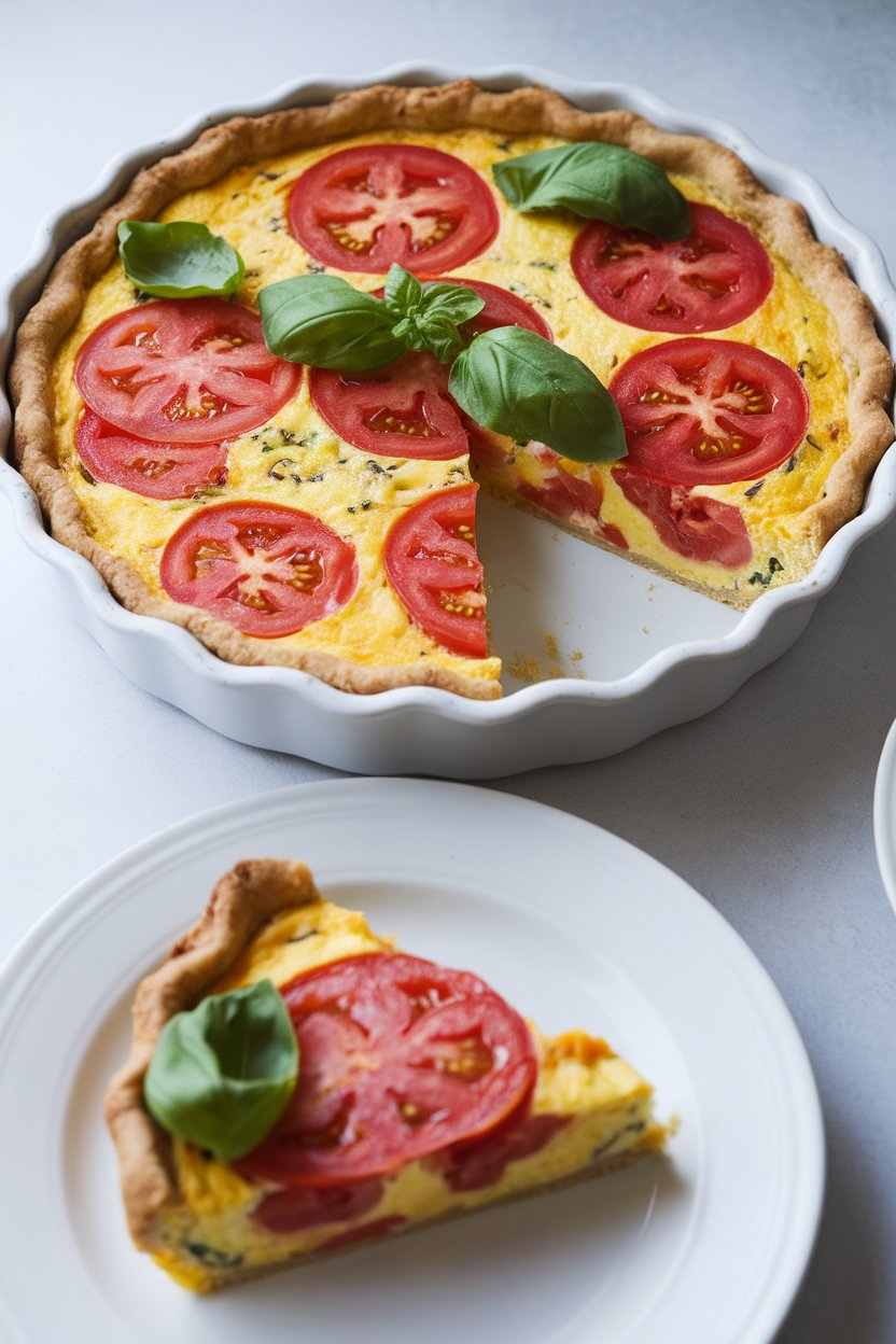 An indoor pie dish with a colorful egg frittata featuring tomato rounds and fresh basil; one slice plated in front. Photo only; no logos or text.