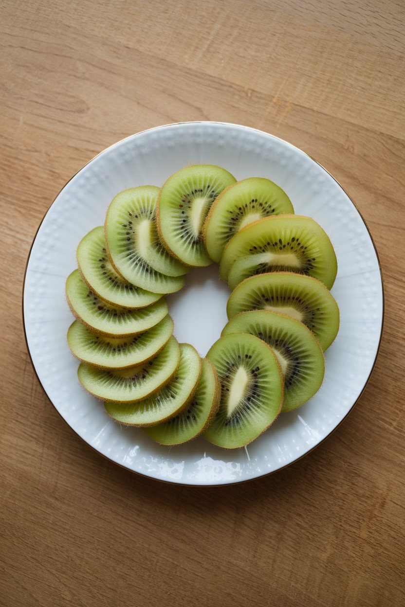 Indoor fruit plate featuring peeled kiwi slices arranged in a fan shape on white porcelain. No visible branding or text. Photo only.
