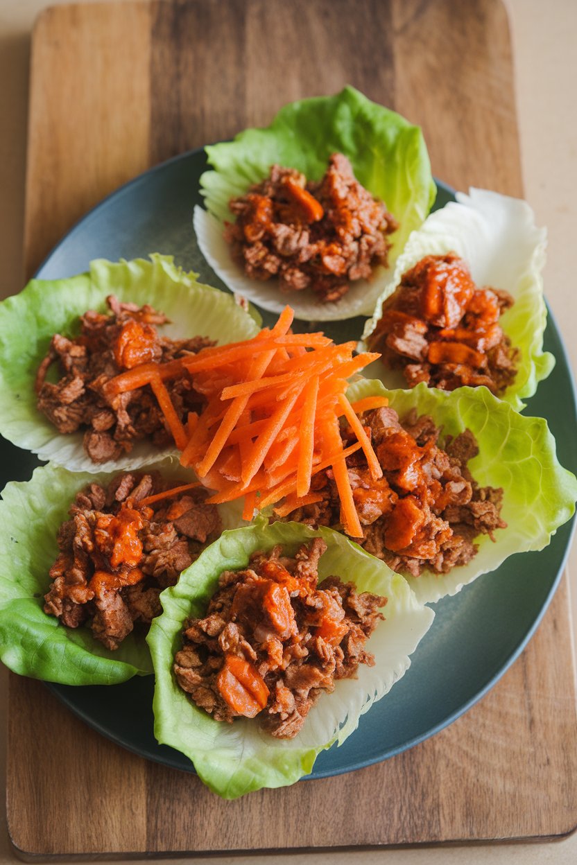 Indoor platter with butter lettuce leaves filled with minced turkey cooked in sweet chili sauce, shredded carrot on top. No text or logos visible.
