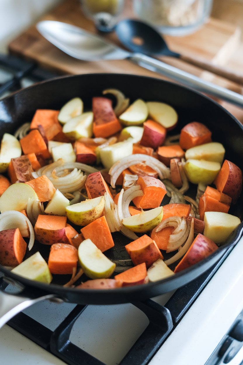 A skillet on an indoor stove filled with cubed sweet potatoes, apple pieces, and sautéed onions, all lightly caramelized. No text or logos; photo.