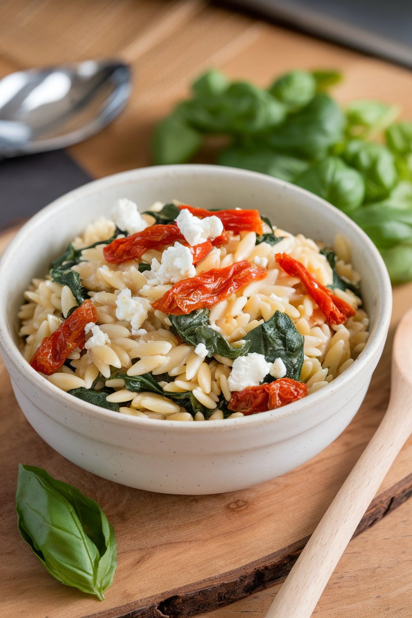 Indoor serving bowl of orzo mixed with baby spinach, julienned sundried tomatoes, and feta crumbles. No text or logos.