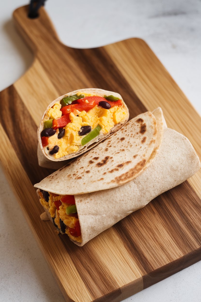 Indoor wooden cutting board holding a sliced whole-wheat breakfast burrito packed with eggs, peppers, and black beans, colorful filling visible. No text or logos, photo not illustration.