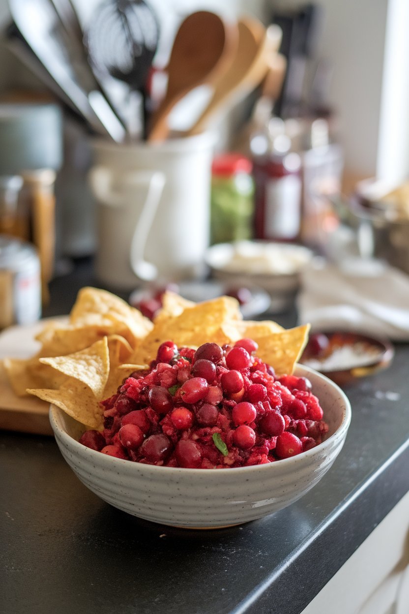 A bowl of ruby-red cranberry salsa on a kitchen island, surrounded by plain tortilla chips. No text or logos.