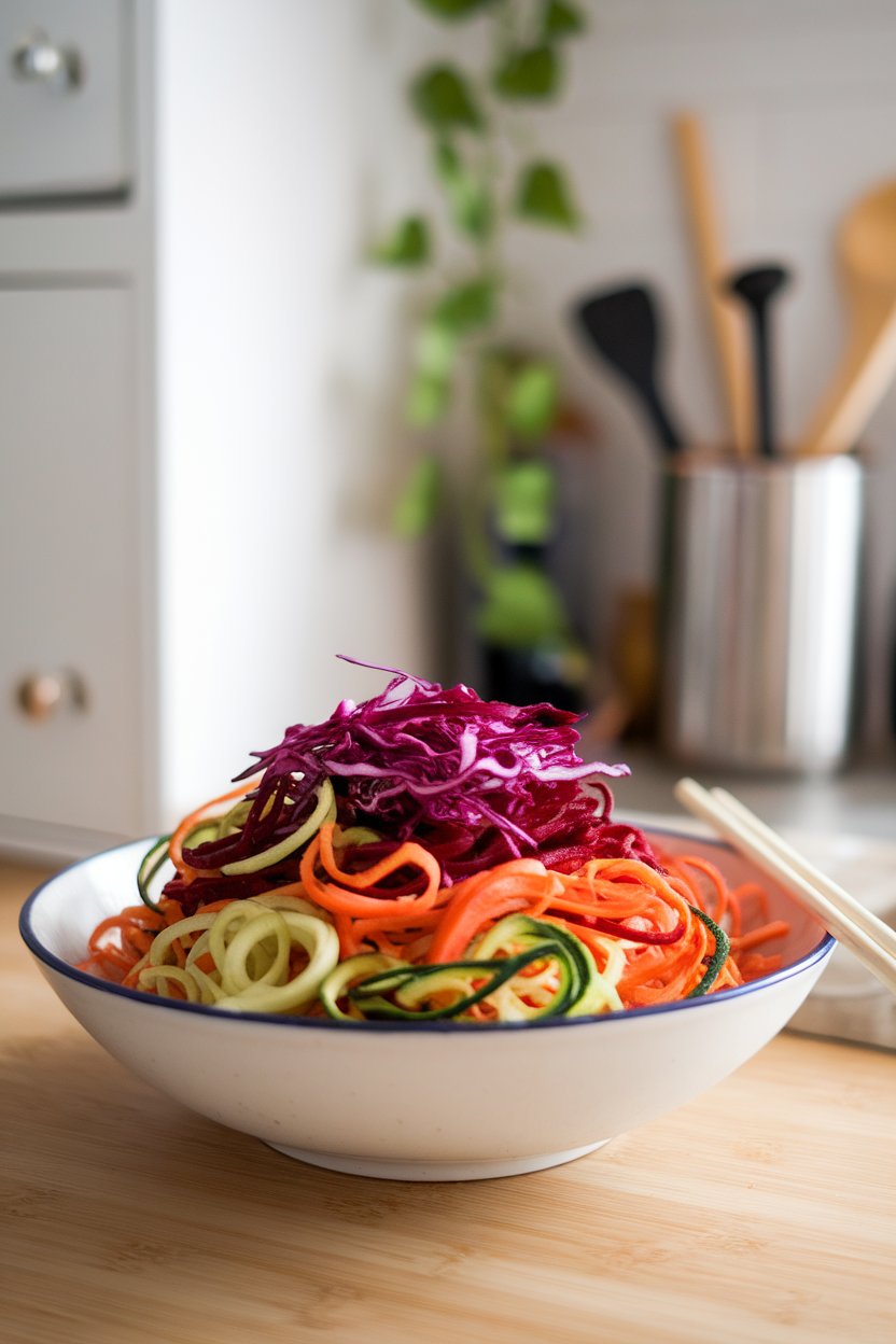 Photo of spiralized zucchini, carrot, and beet noodles tossed with shredded purple cabbage in an indoor kitchen scene, no text or logos.