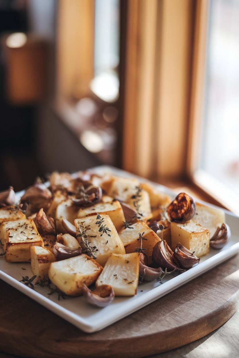 A photo of a white rectangular platter indoors displaying roasted turnip cubes speckled with thyme and roasted garlic cloves. No logos or text.