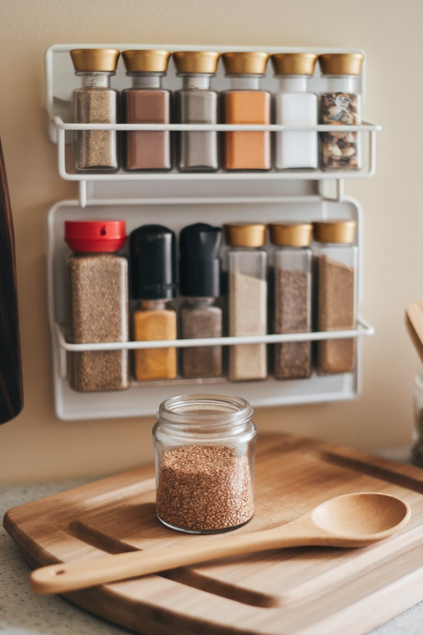 Indoor spice rack scene with a small glass jar of ground flaxseed and a wooden spoon resting on a cutting board. No text or logos. Photo only.