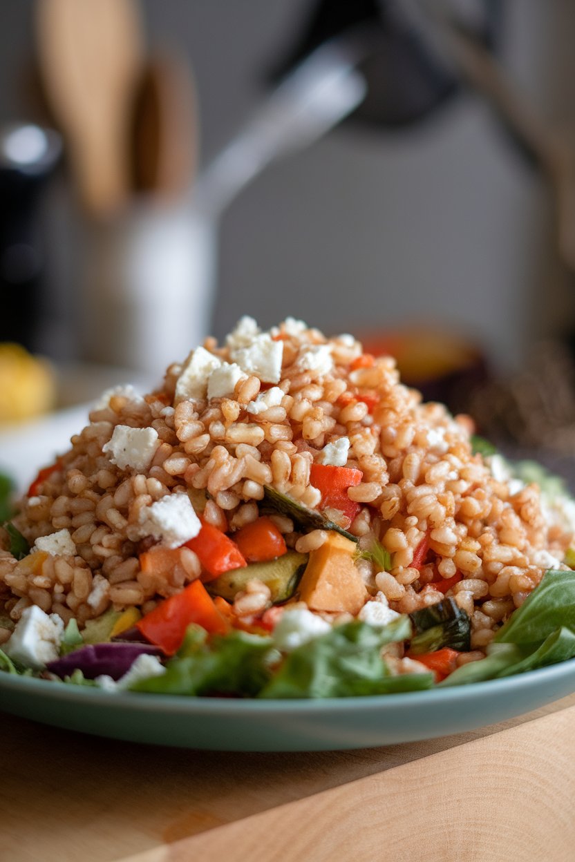 Indoor salad plate piled with warm farro tossed with roasted vegetables and feta crumbles. No logos, no text. Photo.
