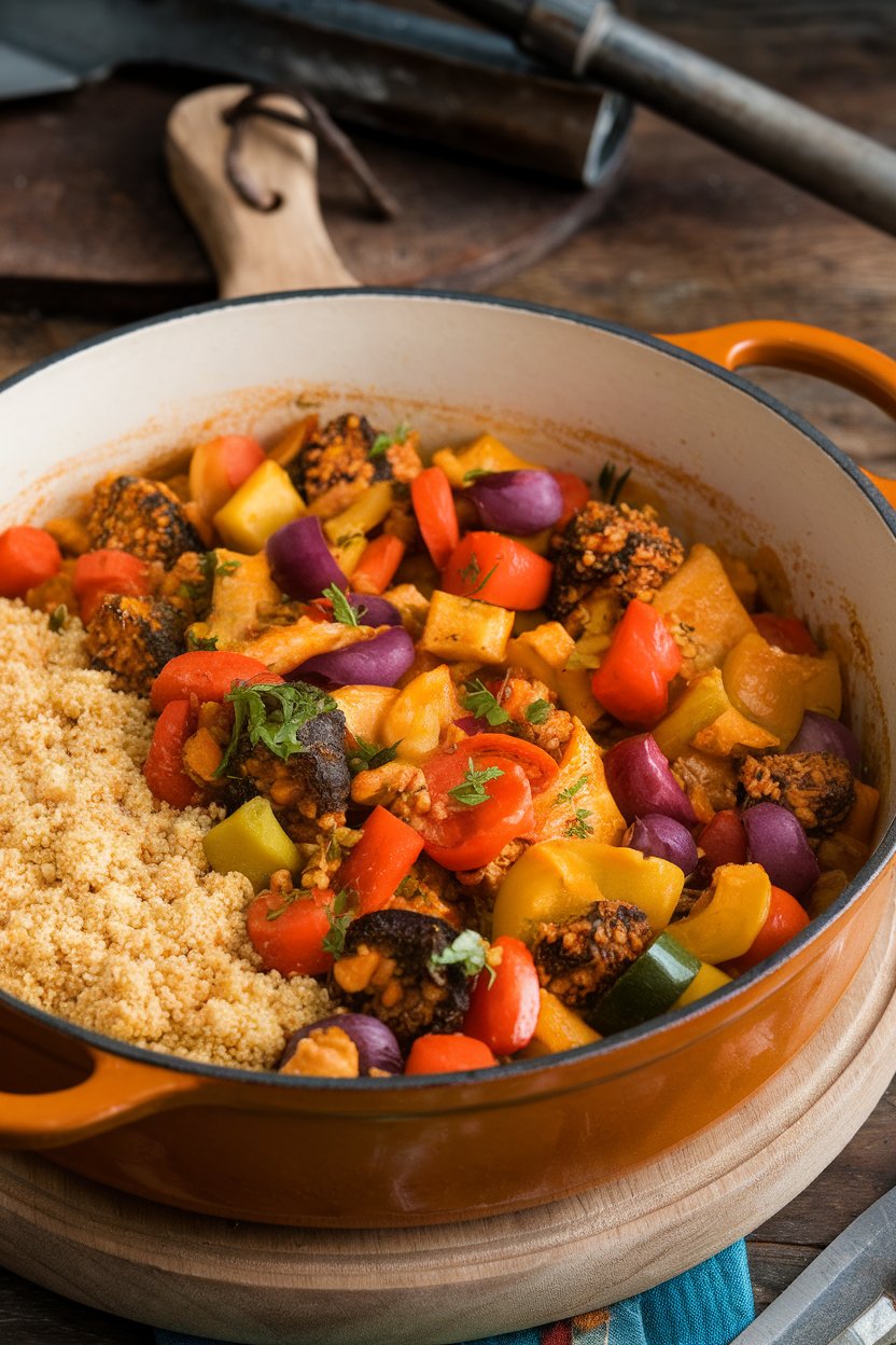 Indoor Dutch oven filled with chunky vegetables in a golden Moroccan sauce, couscous served on the side. No text or logos present.