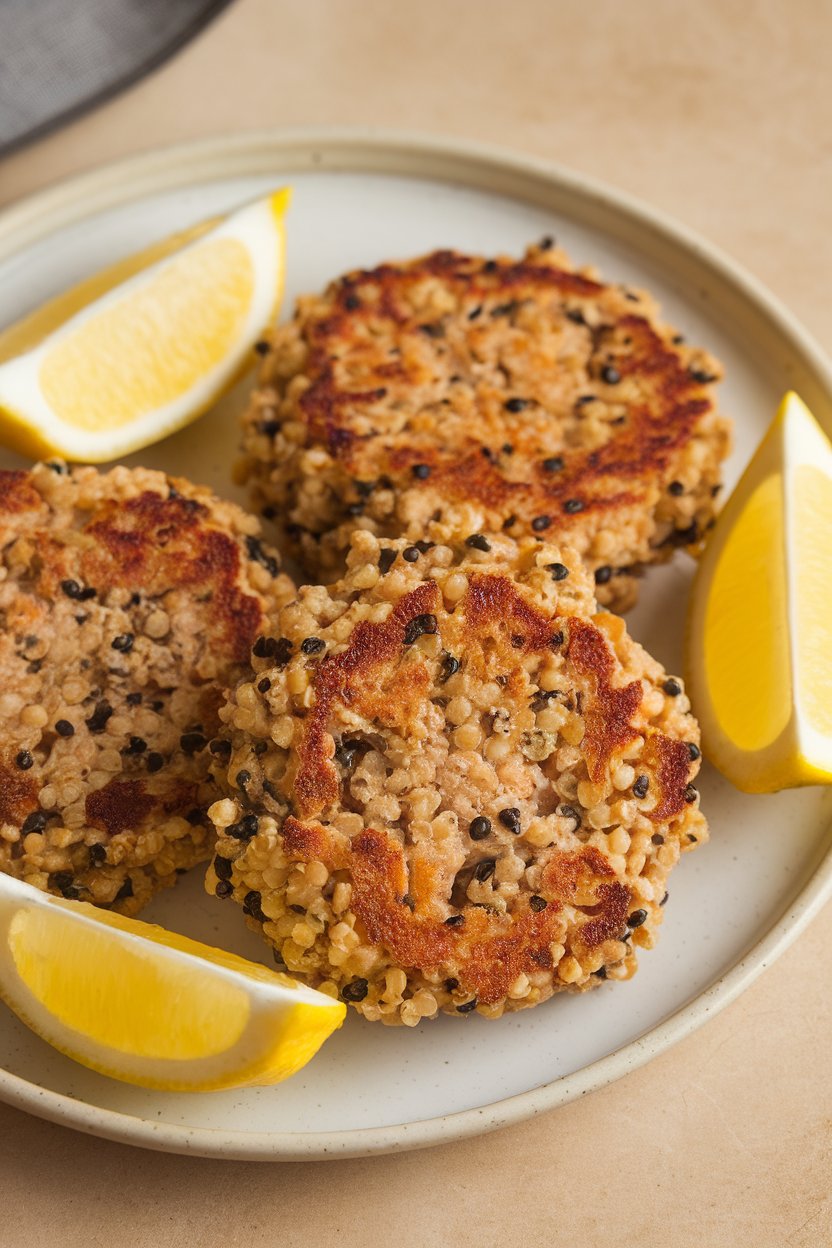 Plate of crispy quinoa and tuna patties garnished with lemon wedges, photographed indoors, no branding.