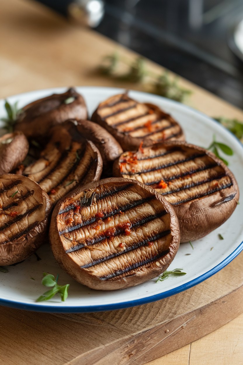 Indoor photo of grill-pan seared portobello mushrooms brushed with paprika marinade, sliced on a plate. No text or logos; photograph.