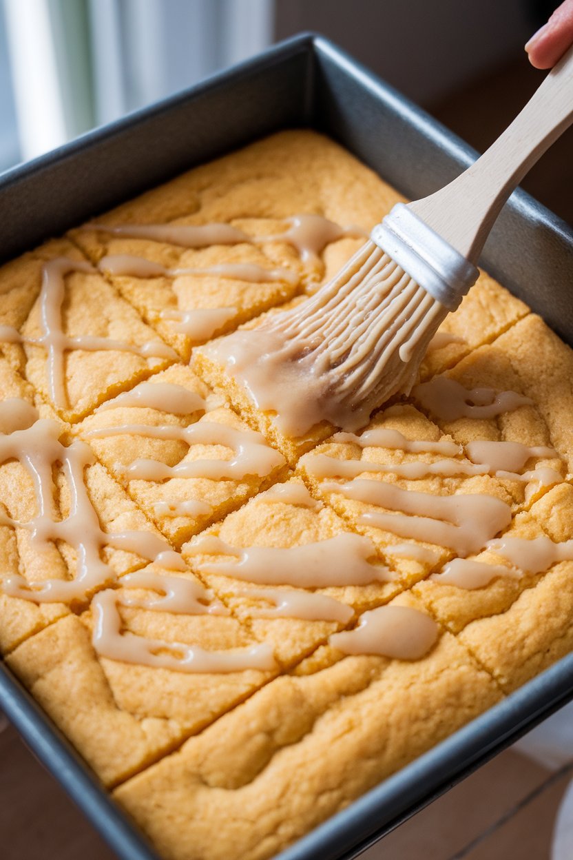 A square baking pan indoors holding golden cornbread cut into neat squares, honey glaze brushed on top. No text or logos. Photo only.