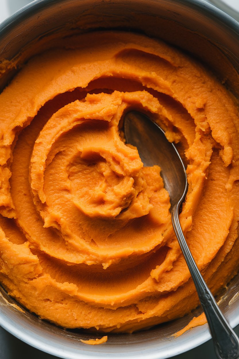Creamy orange mashed sweet potatoes swirled into a serving bowl, a silver spoon resting inside, photographed indoors under soft light. No text or logos.