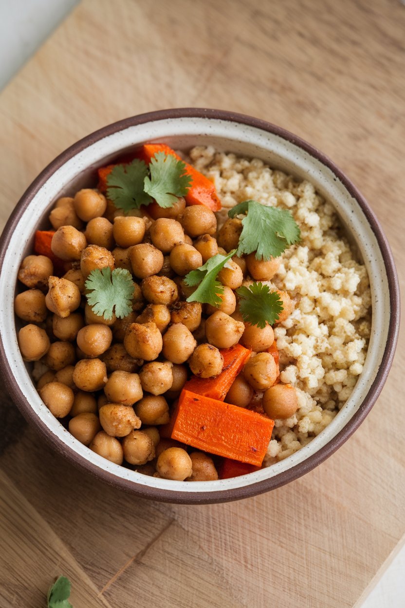 An indoor ceramic bowl featuring cooked spiced chickpeas, roasted carrots, and couscous, sprinkled with cilantro. No text or logos.