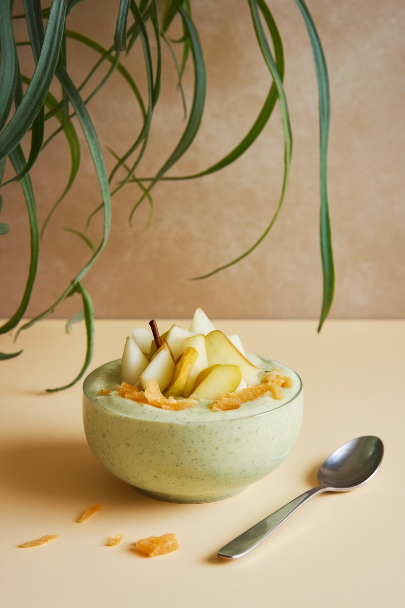 An indoor breakfast bar featuring a pale green smoothie bowl topped with diced pear and slivers of candied ginger. No text or logos.
