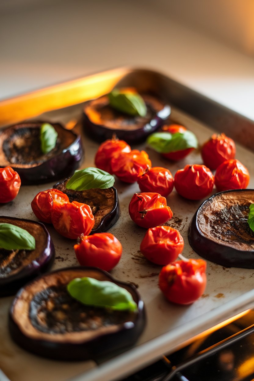 Photo of roasted eggplant rounds and cherry tomatoes on a sheet pan, garnished with basil, shot indoors under oven light. No text or logos visible.