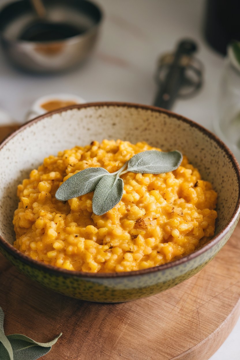 An indoor bowl with creamy pumpkin quinoa risotto garnished with fresh sage leaves. No text or logos present. Photo only.