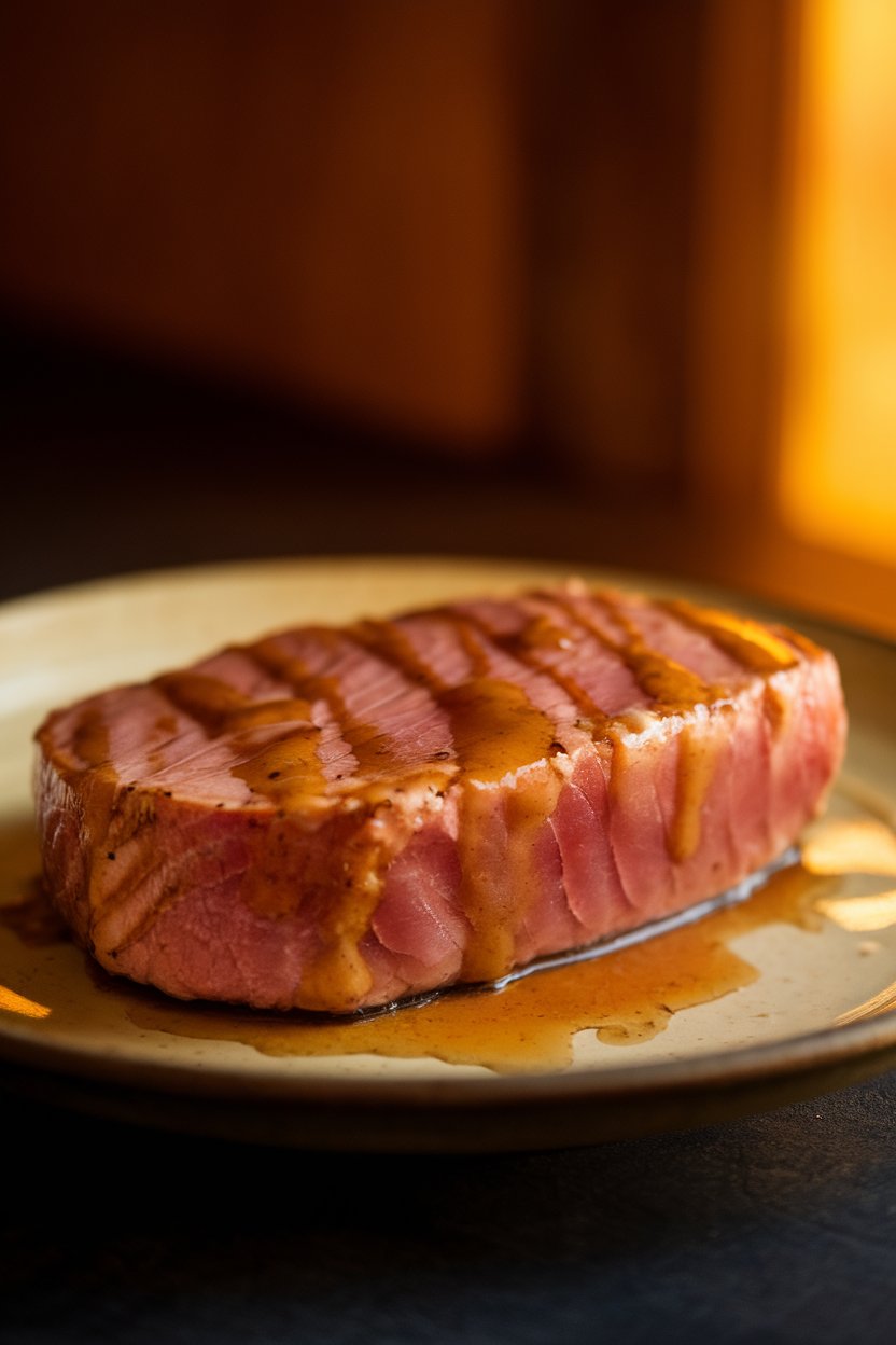 Plate with fully cooked tuna fillet brushed in glossy maple-Dijon glaze, indoor lighting, no logos.