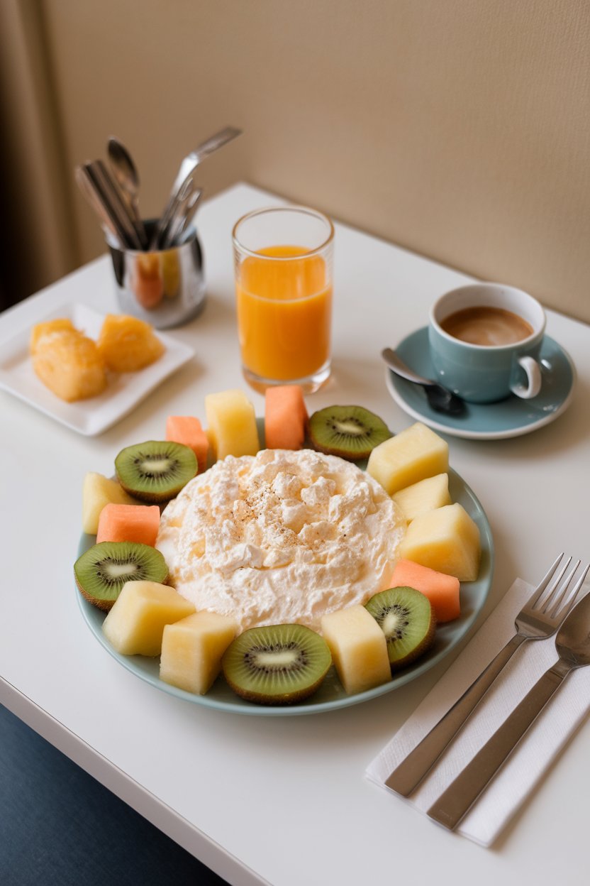 Indoor breakfast table with a plate of cottage cheese surrounded by pineapple chunks, melon cubes, and sliced kiwi. No text or logos anywhere.