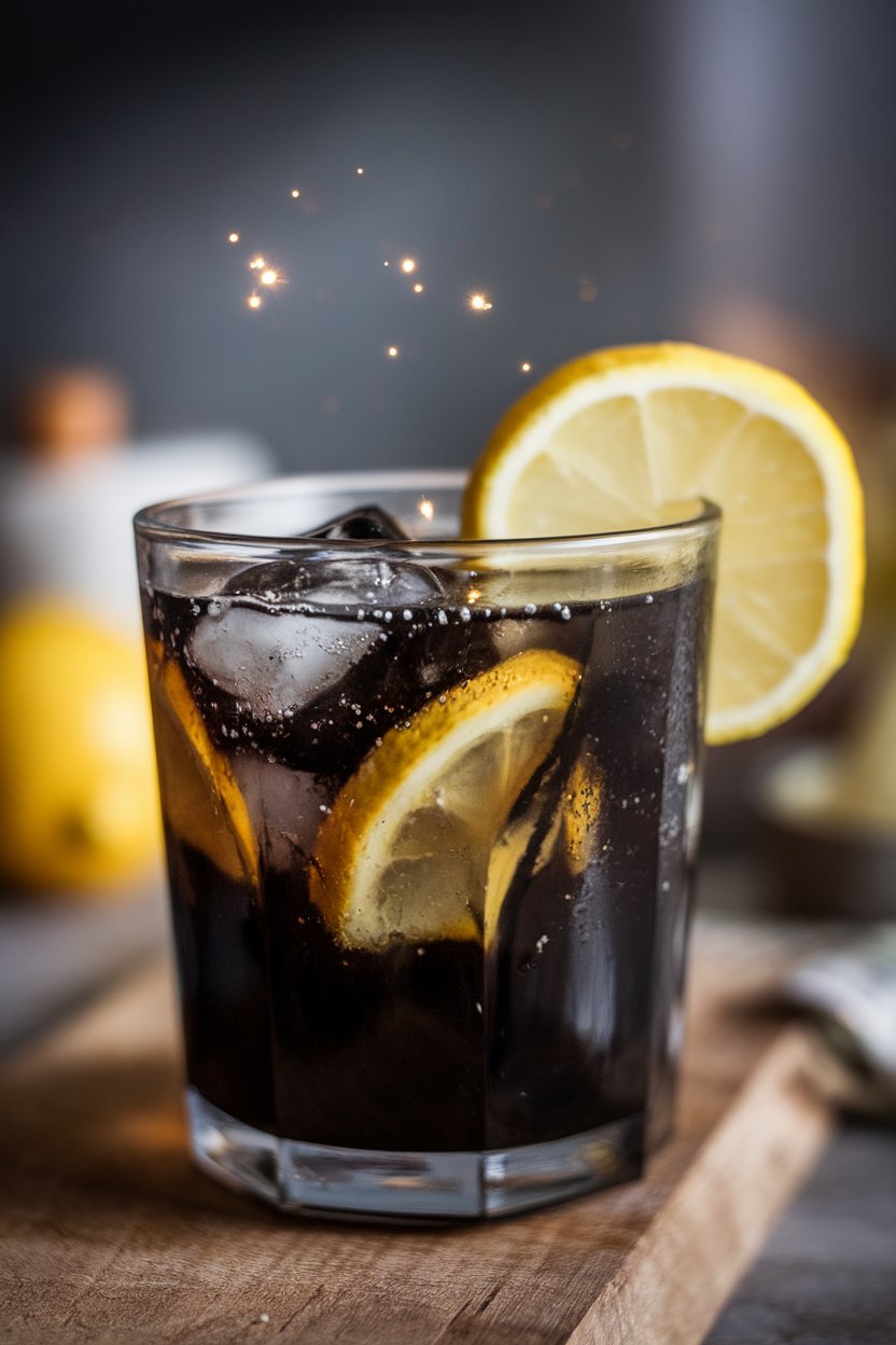 A photo of an indoor clear glass holding inky black lemonade with a lemon wheel, ice cubes catching light; no text or logos.