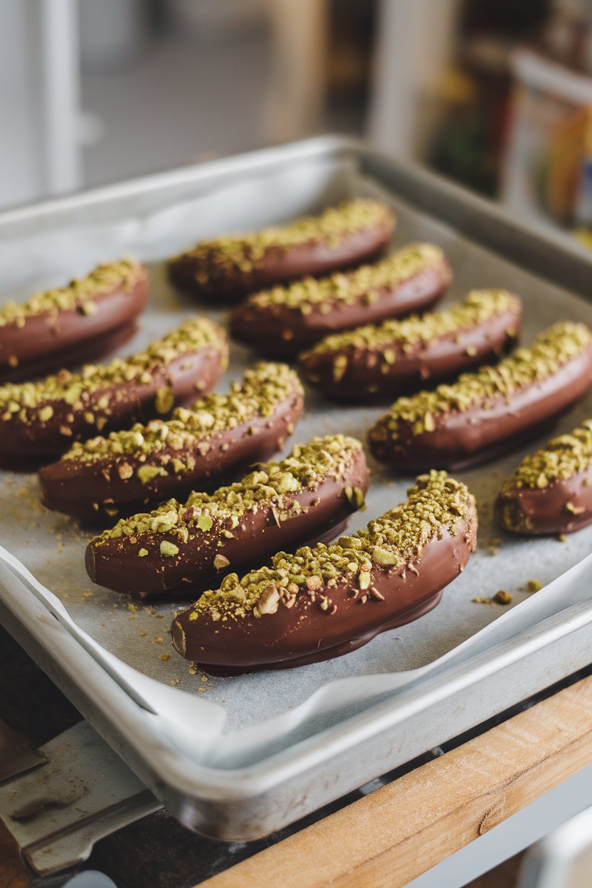 Indoor freezer-tray photo of half-banana pieces coated in dark chocolate and rolled in crushed pistachios, resting on parchment. No text or logos.