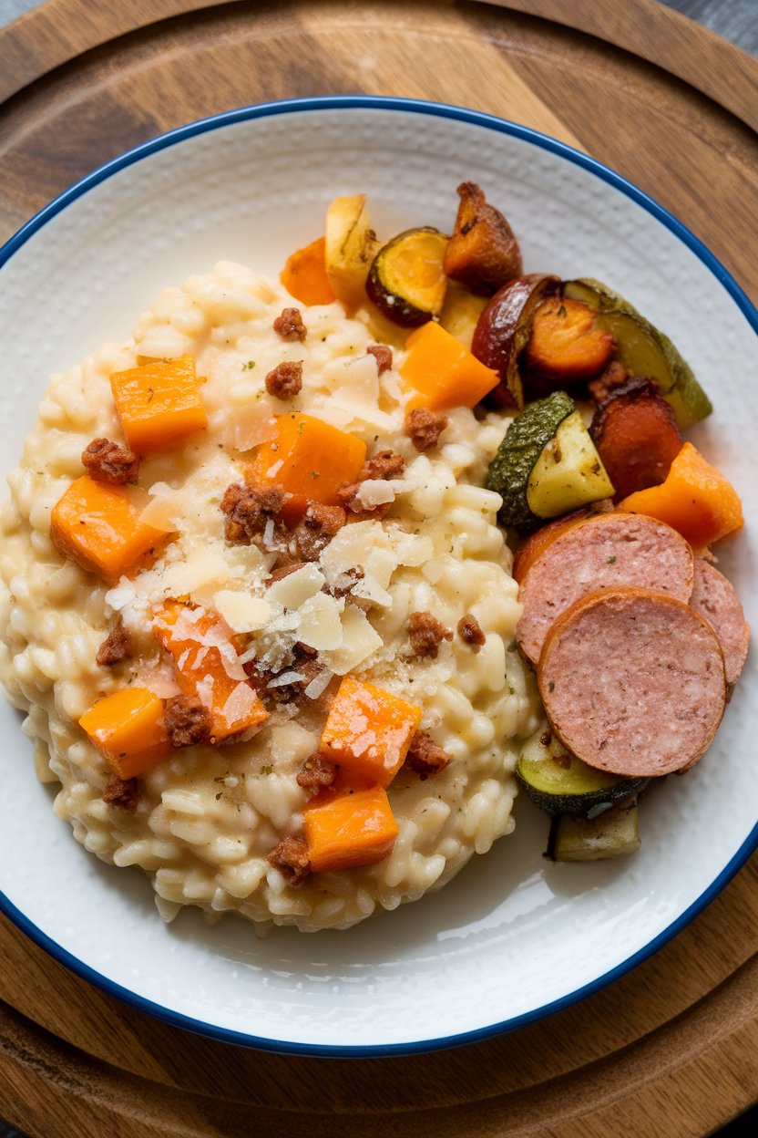 Indoor dinner plate featuring creamy risotto studded with orange butternut squash cubes and crumbled turkey sausage, topped with Parmesan. Photo, no text or logos.