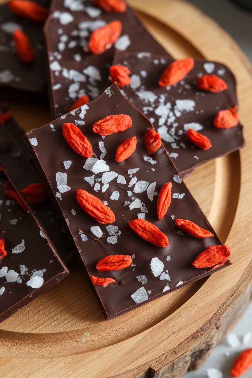 Indoor photo of broken slabs of dark chocolate bark studded with bright red goji berries and sea salt flakes. No text or logos.