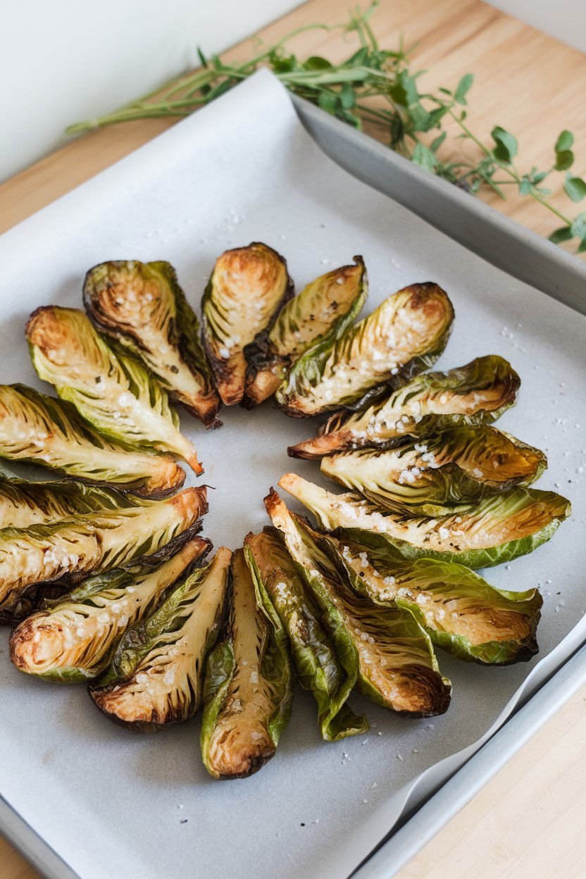 Indoor parchment-lined tray with crispy roasted Brussels sprout leaves, lightly salted. No text or logos.